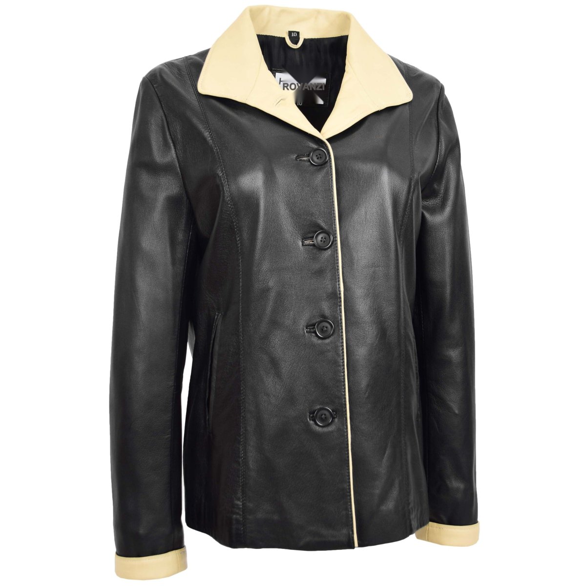 BUNERI Chaqueta Mujer Cuero Clásica Abotonada Box Negro Beige - Imagen 4