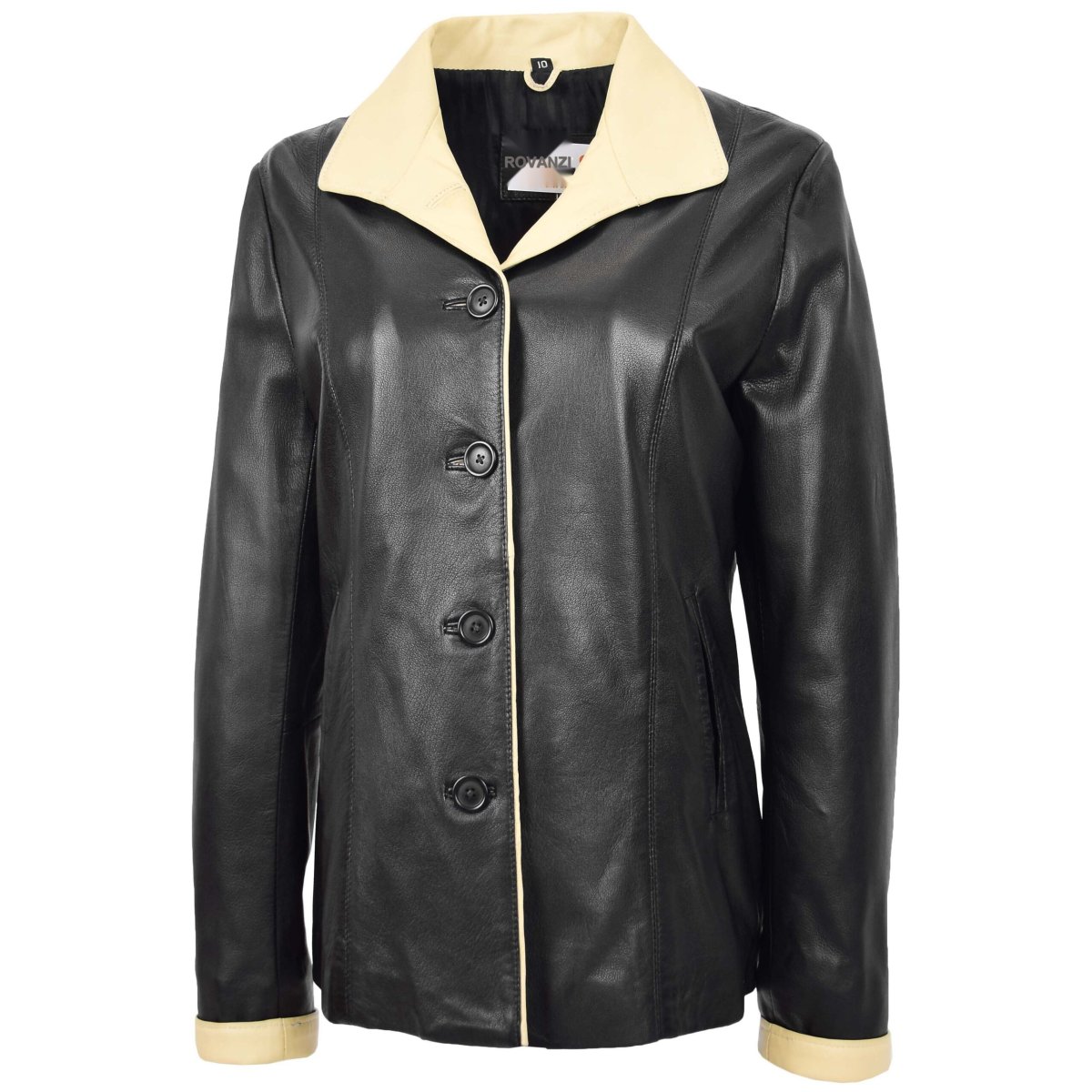 BUNERI Chaqueta Mujer Cuero Clásica Abotonada Box Negro Beige - Imagen 5