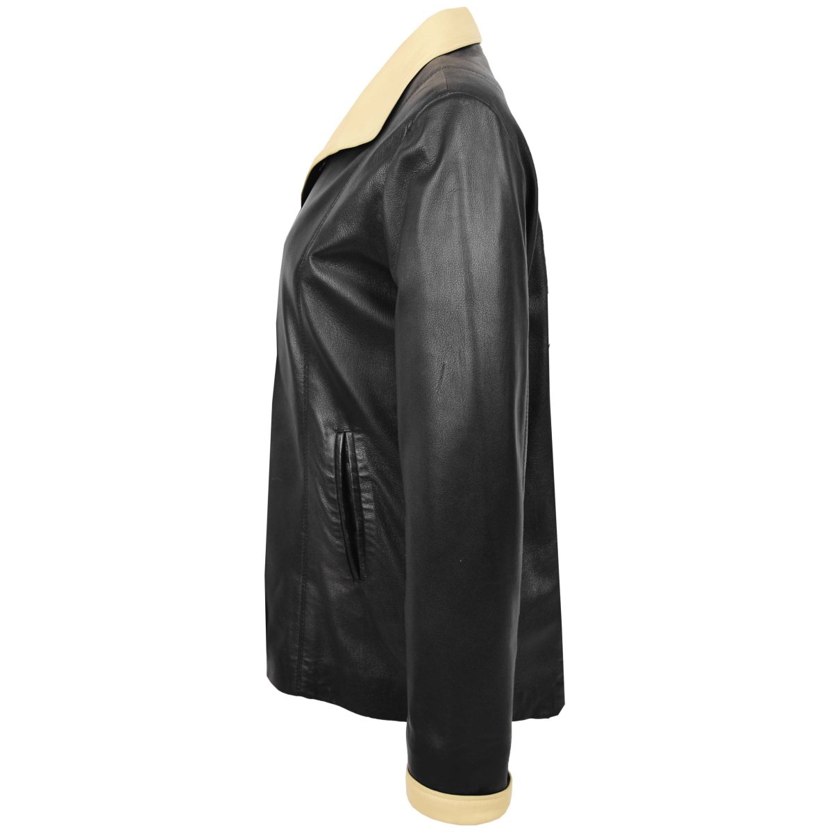 BUNERI Chaqueta Mujer Cuero Clásica Abotonada Box Negro Beige - Imagen 6