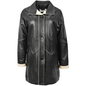 BUNERI Abrigo Mujer Cuero 3/4 Largo Estilo Clásico Negro Beige