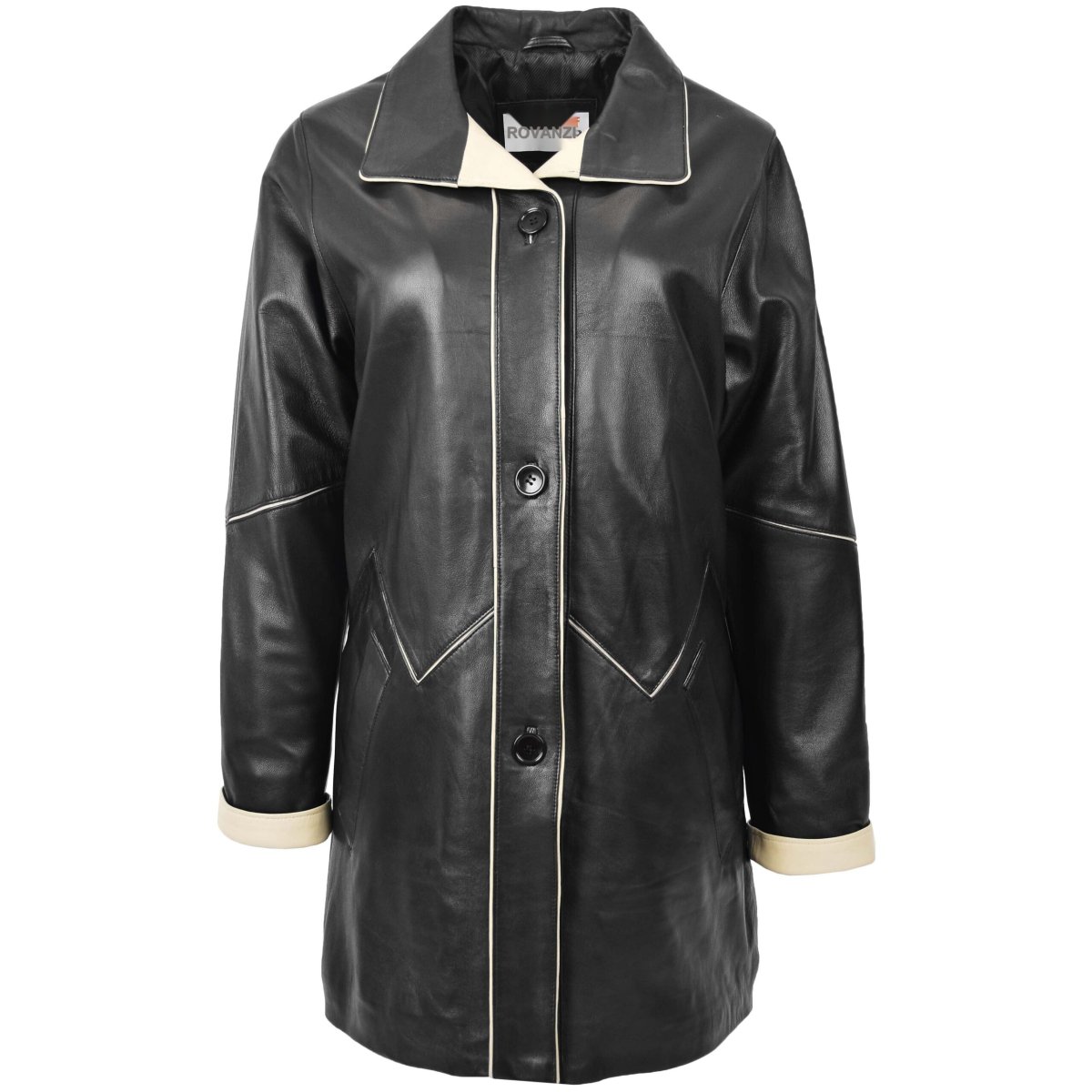 BUNERI Abrigo Mujer Cuero 3/4 Largo Estilo Clásico Negro Beige