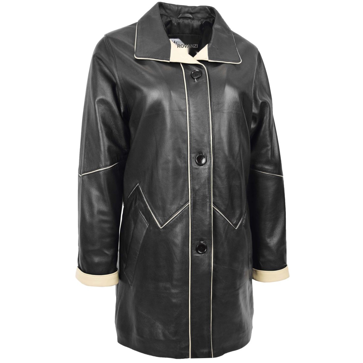 BUNERI Abrigo Mujer Cuero 3/4 Largo Estilo Clásico Negro Beige - Imagen 4