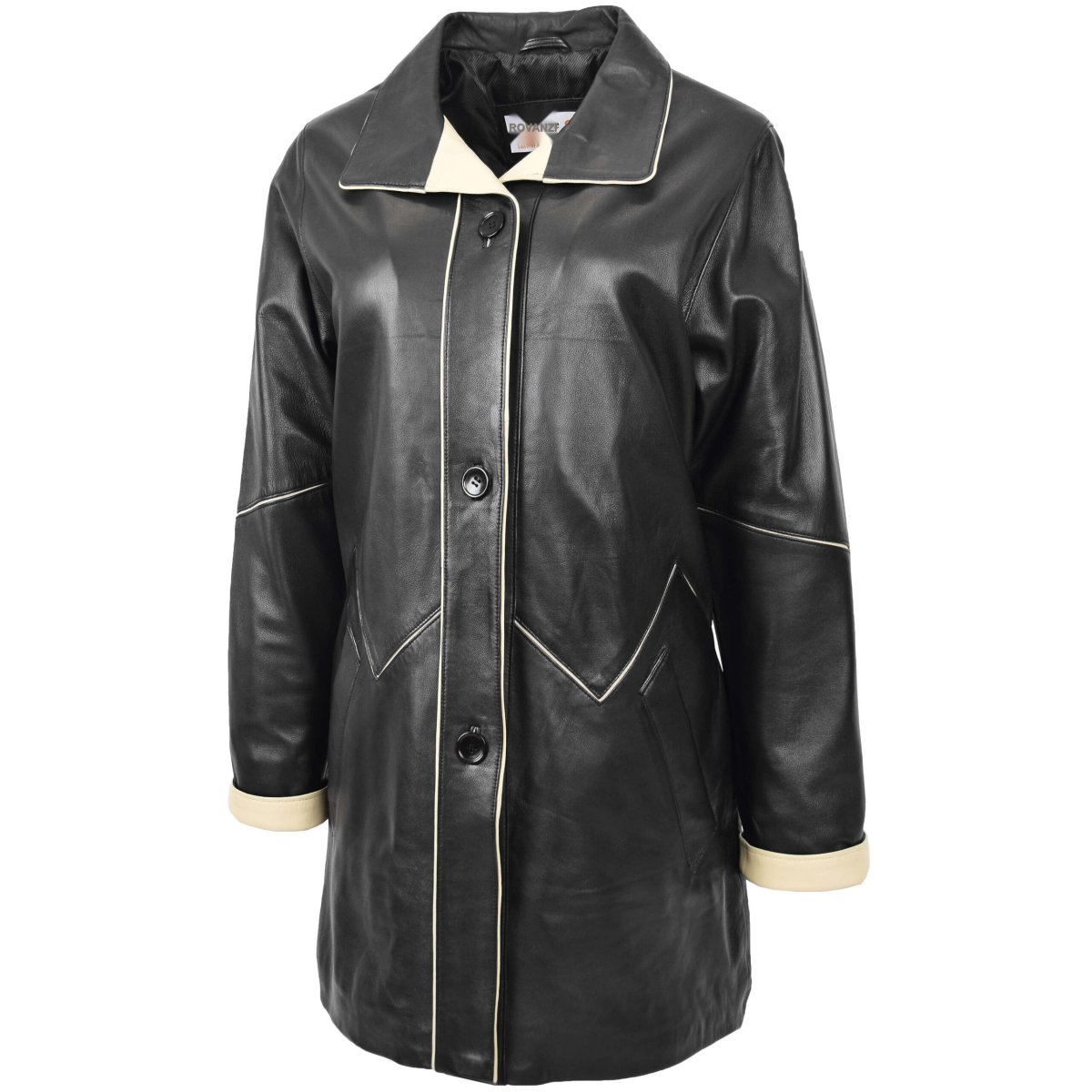 BUNERI Abrigo Mujer Cuero 3/4 Largo Estilo Clásico Negro Beige - Imagen 5