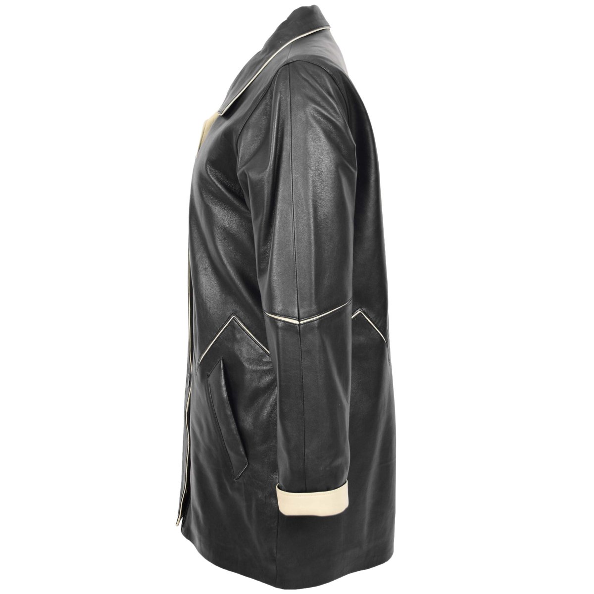 BUNERI Abrigo Mujer Cuero 3/4 Largo Estilo Clásico Negro Beige - Imagen 6