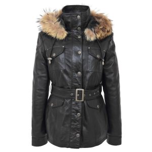 BUNERI Abrigo de Cuero para Mujer con Capucha Desmontable Negro