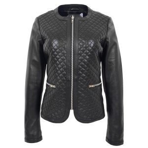 BUNERI Chaqueta de Cuero Joan Negra Acolchada sin Cuello