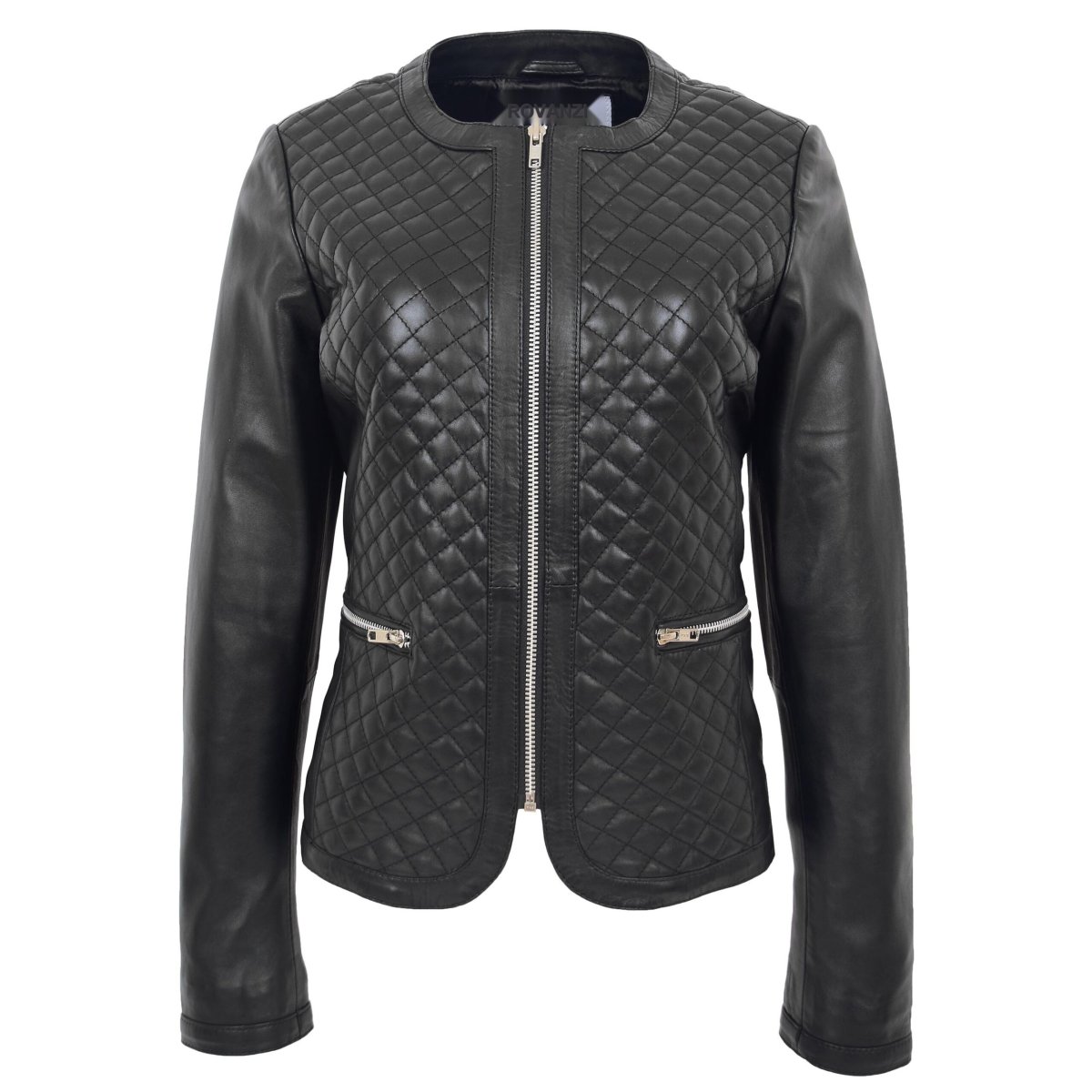 BUNERI Chaqueta de Cuero Joan Negra Acolchada sin Cuello - Imagen 2