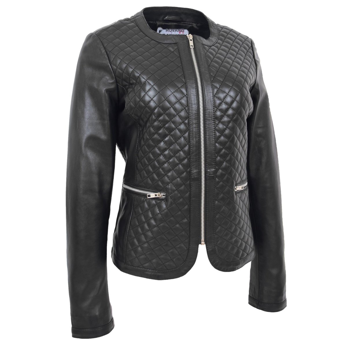 BUNERI Chaqueta de Cuero Joan Negra Acolchada sin Cuello - Imagen 4