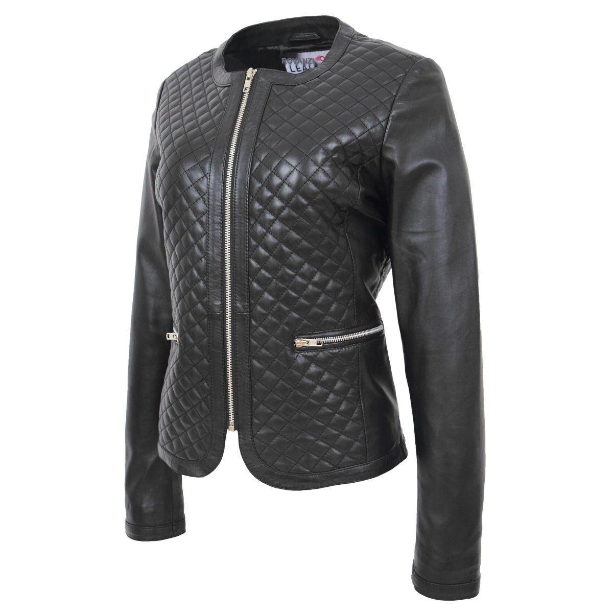 BUNERI Chaqueta de Cuero Joan Negra Acolchada sin Cuello - Imagen 5