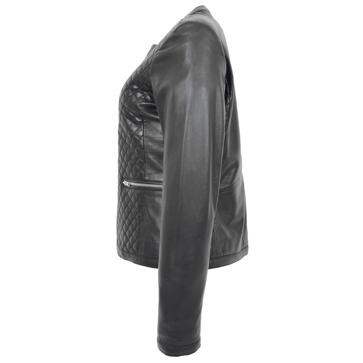 BUNERI Chaqueta de Cuero Joan Negra Acolchada sin Cuello - Imagen 6