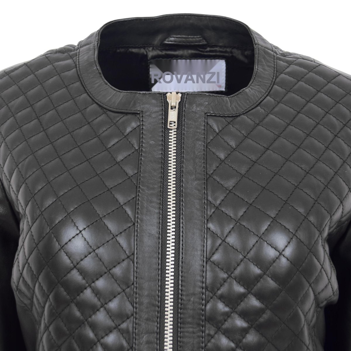BUNERI Chaqueta de Cuero Joan Negra Acolchada sin Cuello - Imagen 8