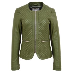 BUNERI Chaqueta de Cuero sin Cuello para Mujer Diseño Acolchado Verde Oliva