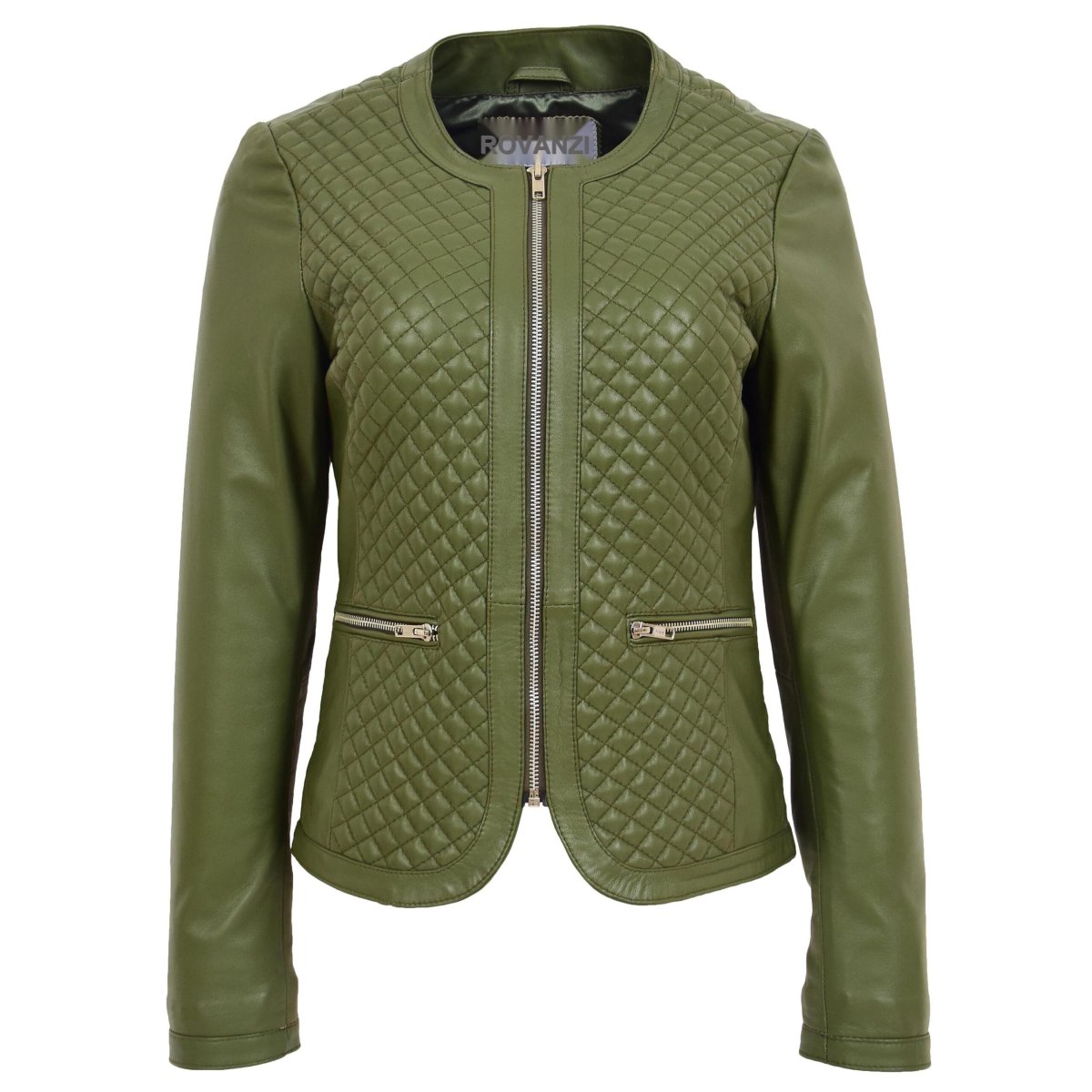 BUNERI Chaqueta de Cuero sin Cuello para Mujer Diseño Acolchado Verde Oliva