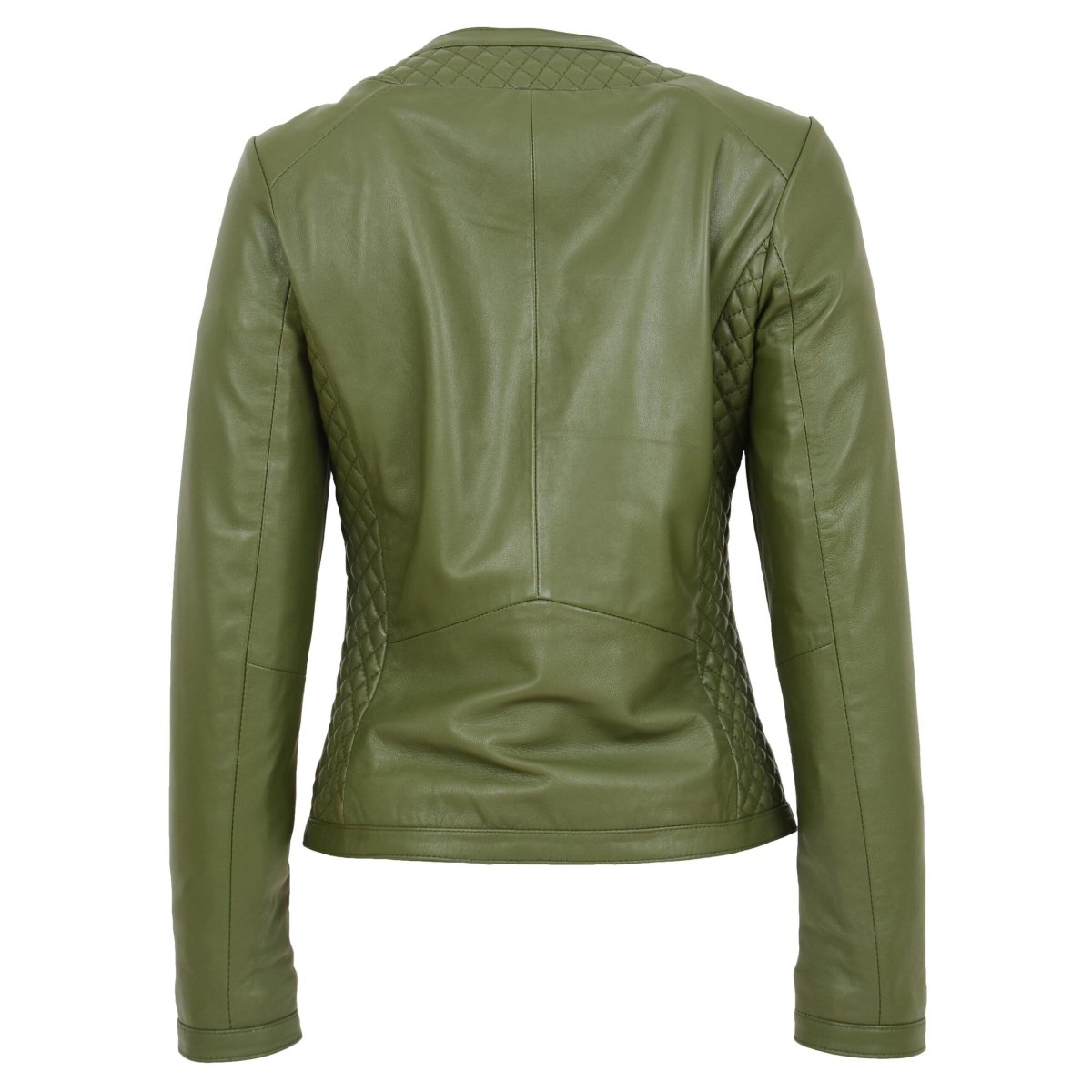 BUNERI Chaqueta de Cuero sin Cuello para Mujer Diseño Acolchado Verde Oliva - Imagen 3