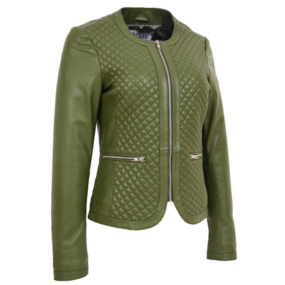 BUNERI Chaqueta de Cuero sin Cuello para Mujer Diseño Acolchado Verde Oliva - Imagen 4