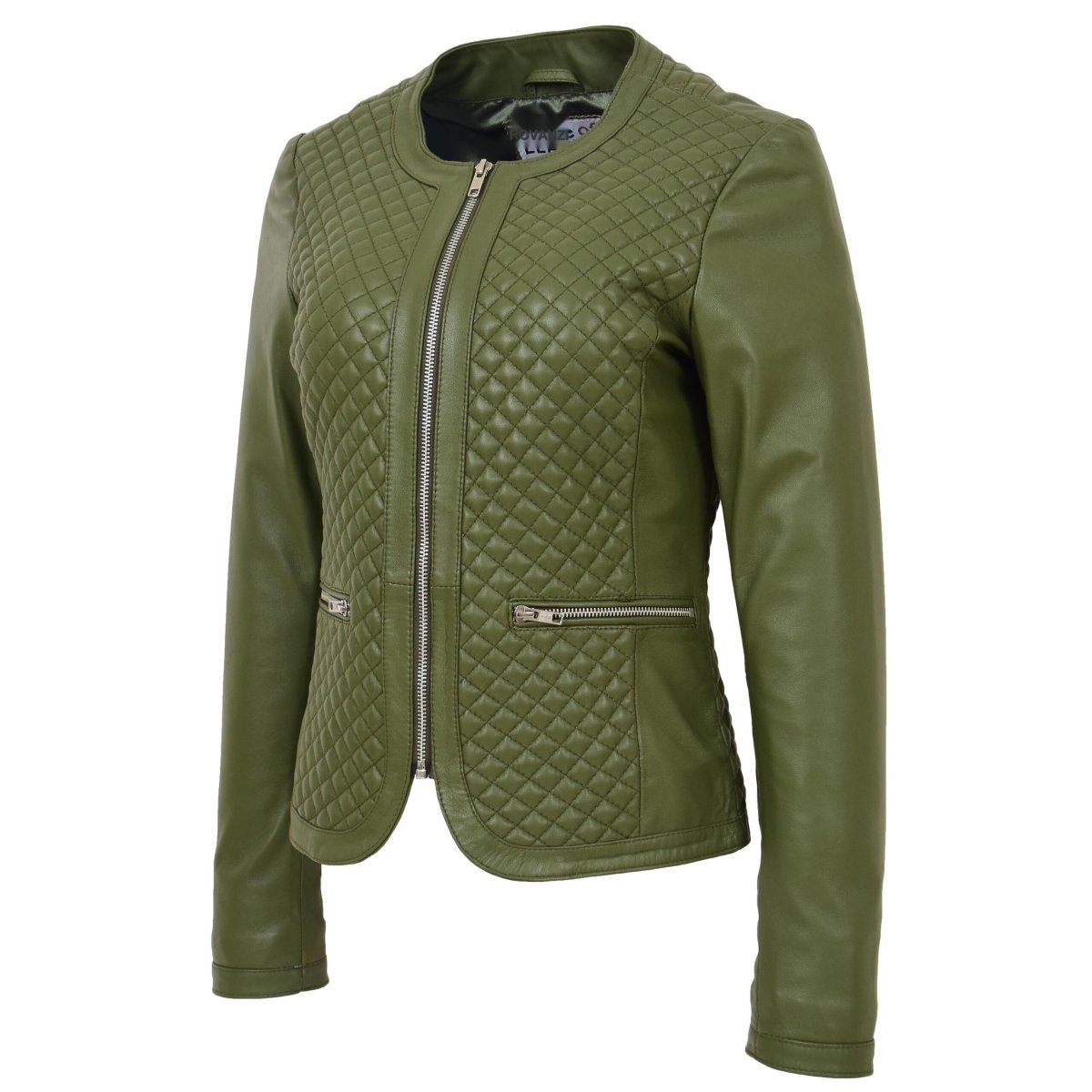 BUNERI Chaqueta de Cuero sin Cuello para Mujer Diseño Acolchado Verde Oliva - Imagen 5