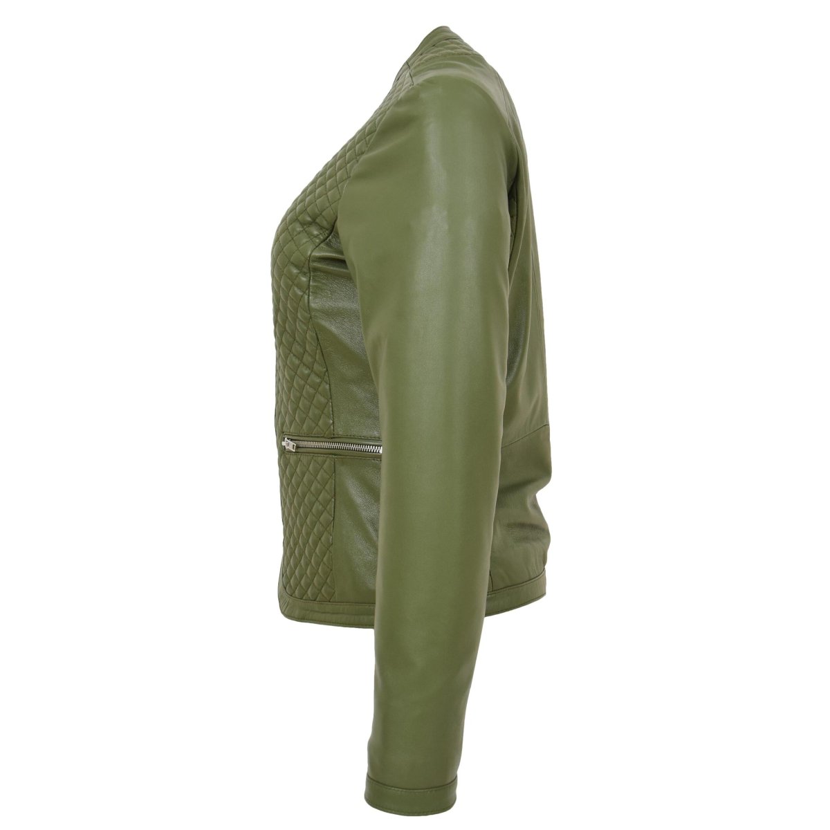 BUNERI Chaqueta de Cuero sin Cuello para Mujer Diseño Acolchado Verde Oliva - Imagen 6