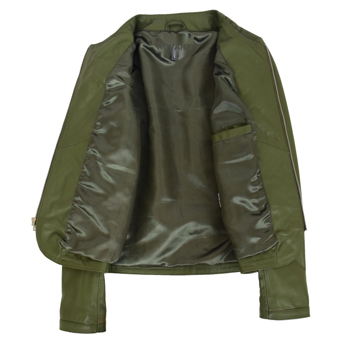 BUNERI Chaqueta de Cuero sin Cuello para Mujer Diseño Acolchado Verde Oliva - Imagen 7