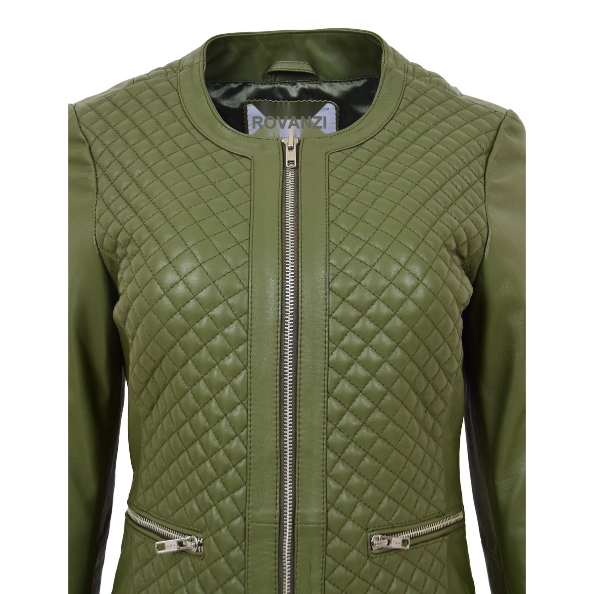 BUNERI Chaqueta de Cuero sin Cuello para Mujer Diseño Acolchado Verde Oliva - Imagen 8