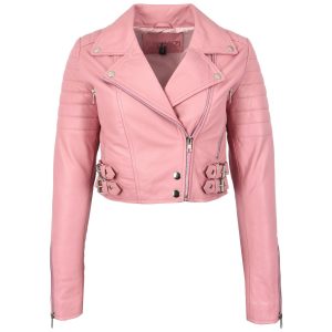 BUNERI Chaqueta Biker Corta de Cuero Rosa Bebé para Mujer