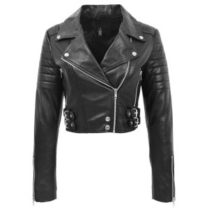 BUNERI Biker de Cuero Demi Negra Corta para Mujer