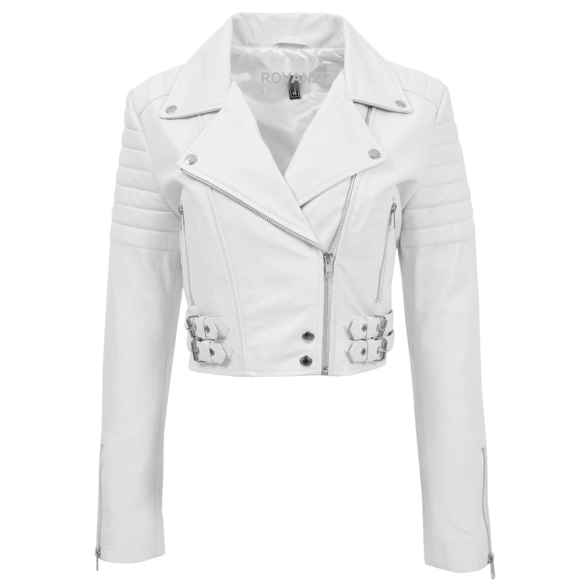 BUNERI Chaqueta de Cuero Blanco Corta Biker para Mujer - Imagen 2