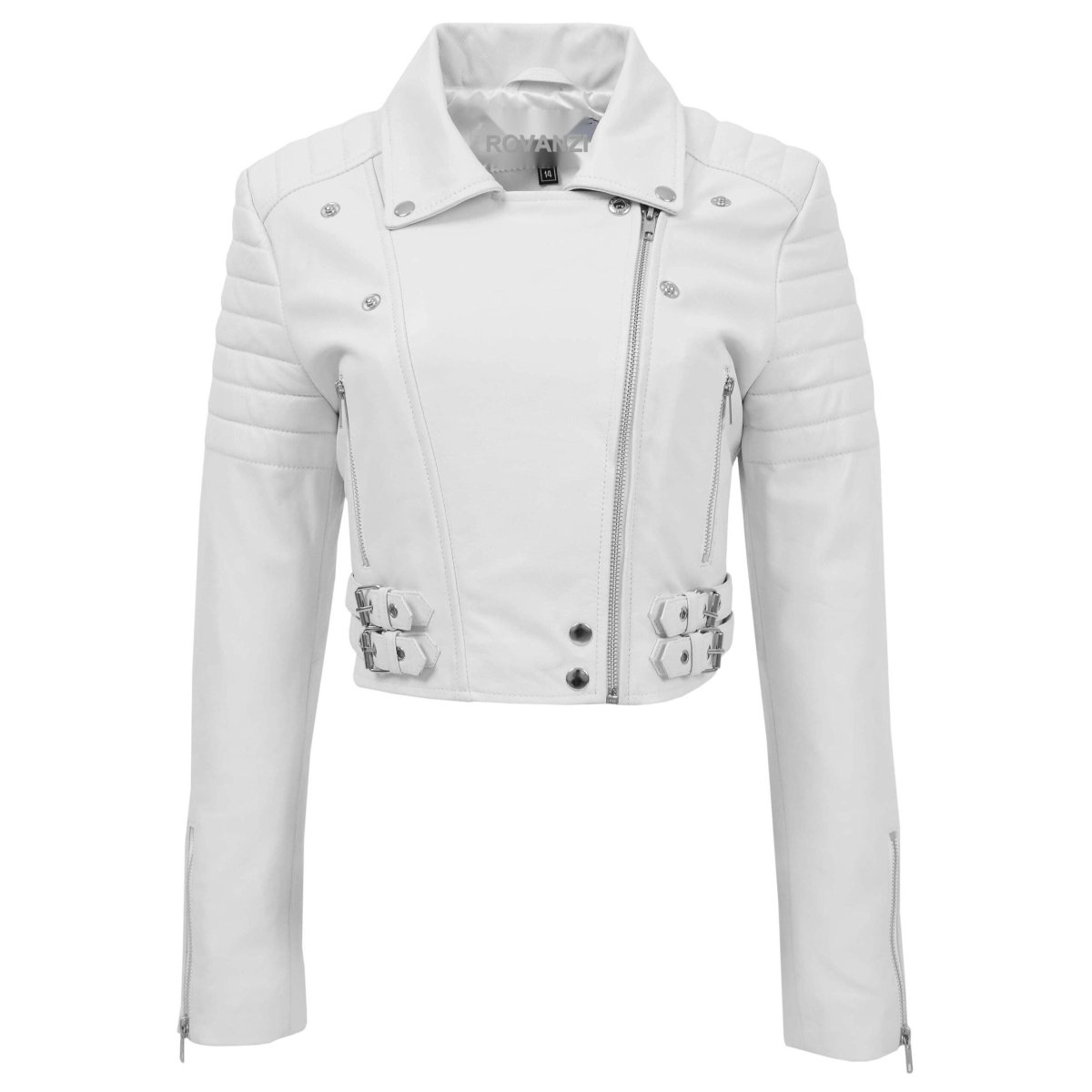 BUNERI Chaqueta de Cuero Blanco Corta Biker para Mujer - Imagen 4