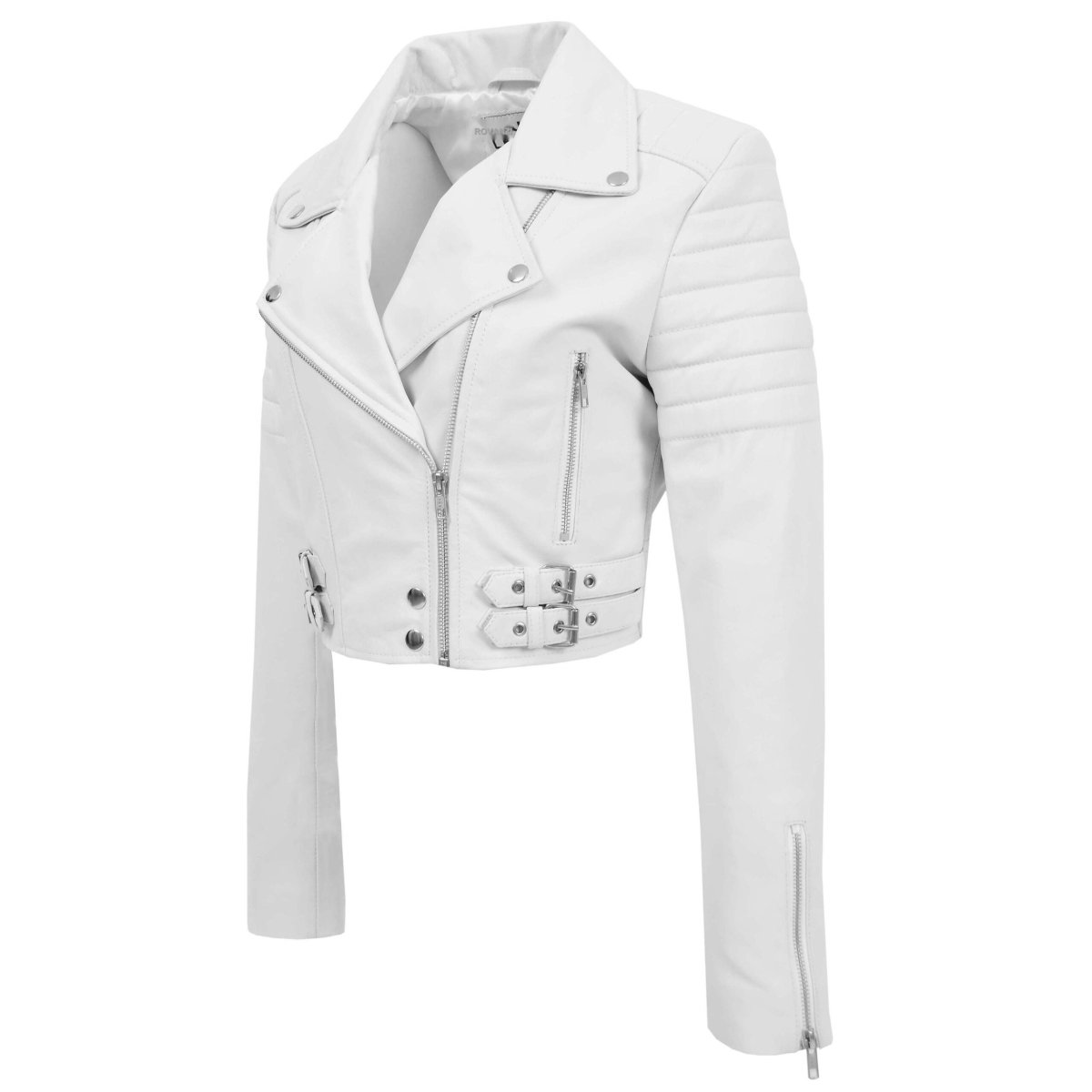 BUNERI Chaqueta de Cuero Blanco Corta Biker para Mujer - Imagen 6