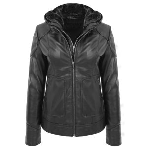 BUNERI Abrigo de Cuero Negro con Capucha Desmontable para Mujer