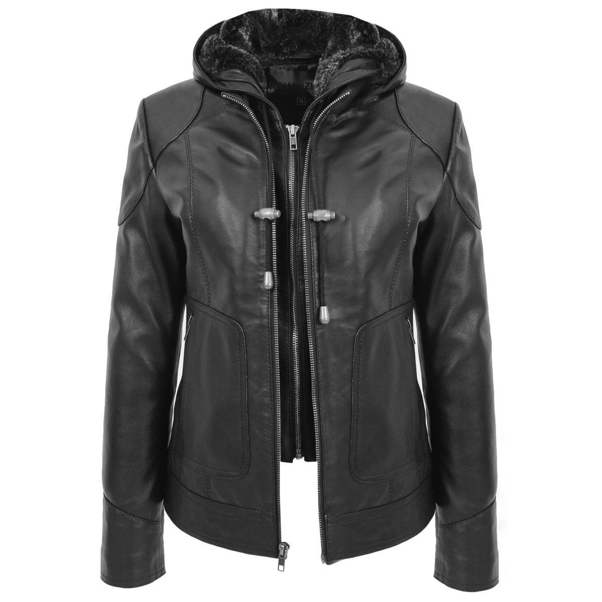 BUNERI Abrigo de Cuero Negro con Capucha Desmontable para Mujer - Imagen 4