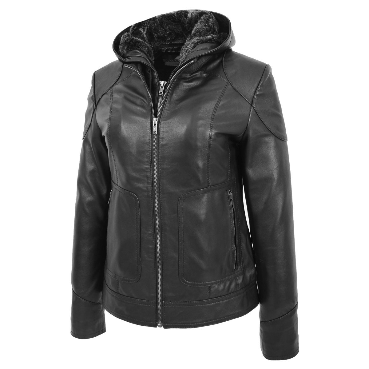 BUNERI Abrigo de Cuero Negro con Capucha Desmontable para Mujer - Imagen 6