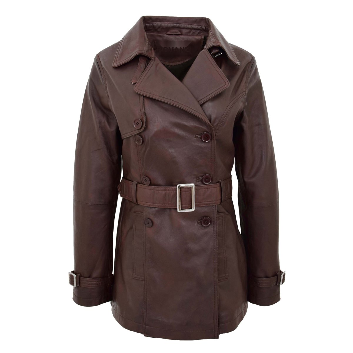 BUNERI Trench de Cuero Doble Botonadura para Mujer Marrón Sienna