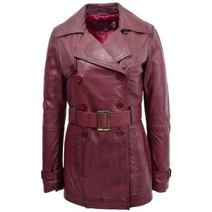 BUNERI Abrigo Trench de Cuero Burdeos Cruzado para Mujer