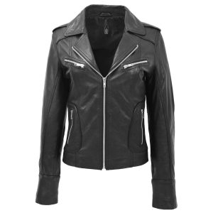 BUNERI Chaqueta Mujer Cuero Ajustada Estilo Biker Negra
