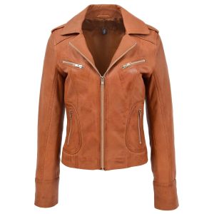 BUNERI Chaqueta Mujer Cuero Ajustada Estilo Biker Beige Claro
