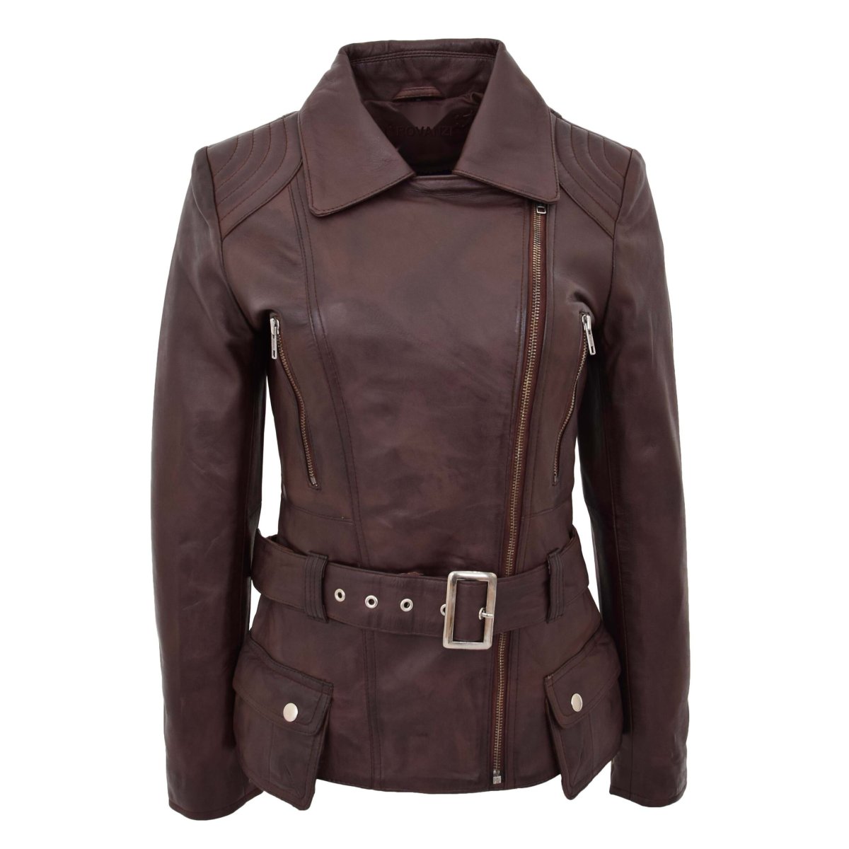 BUNERI Biker de Cuero Celia Marrón Largo Caderas - Imagen 4