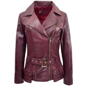 BUNERI Chaqueta Biker de Cuero para Mujer Largo Cadera Burdeos
