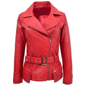 BUNERI Chaqueta Biker Mujer Cuero Rojo Largo Cadera