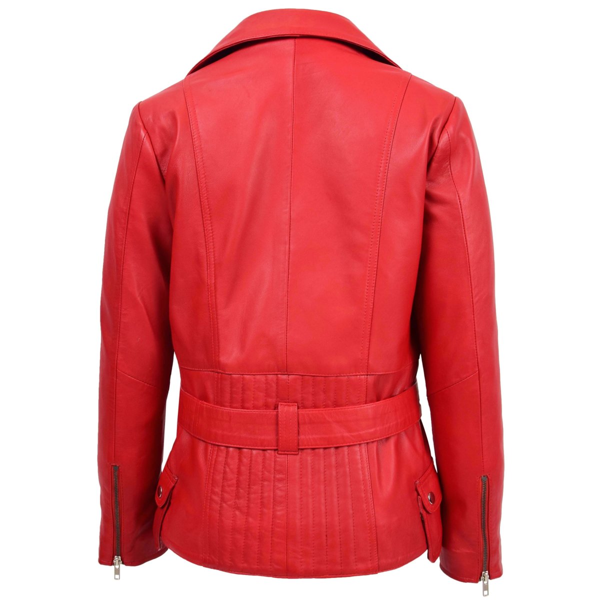 BUNERI Chaqueta Biker Mujer Cuero Rojo Largo Cadera - Imagen 3