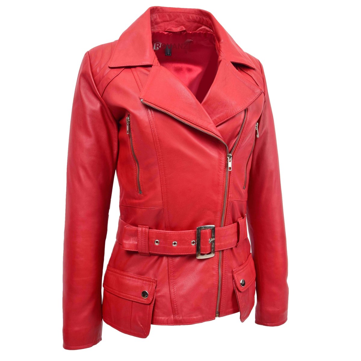 BUNERI Chaqueta Biker Mujer Cuero Rojo Largo Cadera - Imagen 4