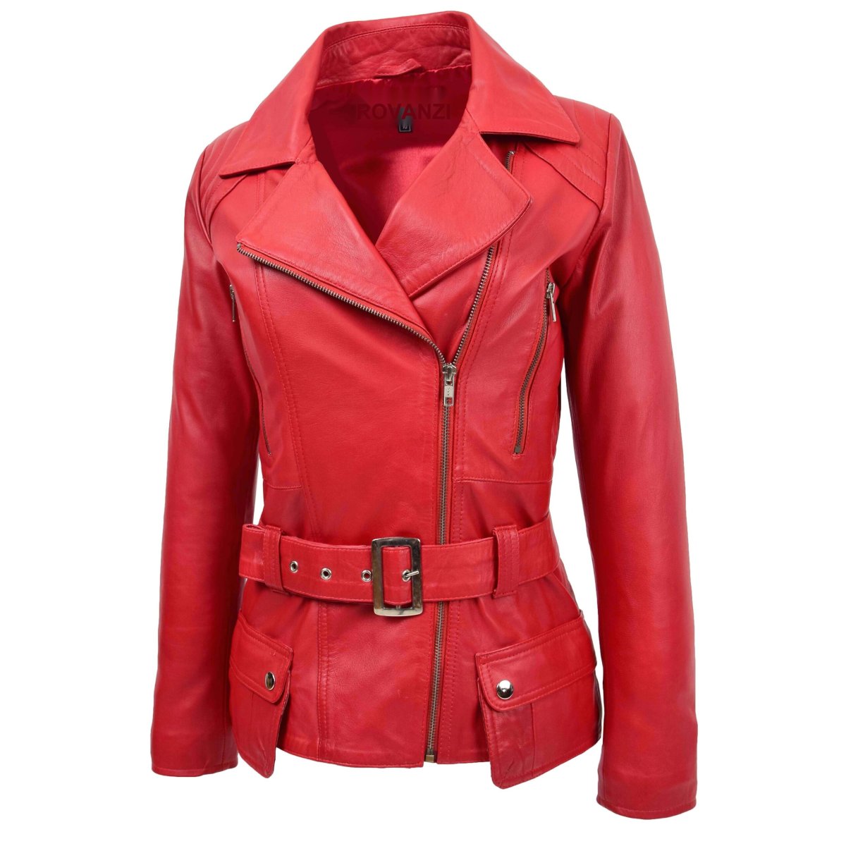 BUNERI Chaqueta Biker Mujer Cuero Rojo Largo Cadera - Imagen 5