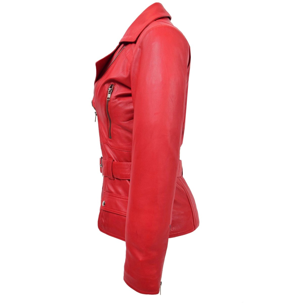 BUNERI Chaqueta Biker Mujer Cuero Rojo Largo Cadera - Imagen 6