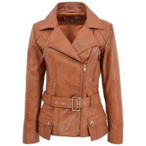 BUNERI Chaqueta Mujer Cuero Biker Largo Cadera Tostado