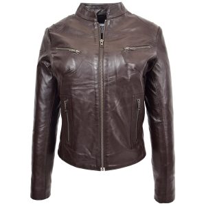 BUNERI Chaqueta Mujer Cuero Cuello Alto Marrón