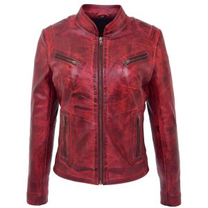 BUNERI Chaqueta de Cuero Estilo Café Racer para Mujer Rojo Quemado
