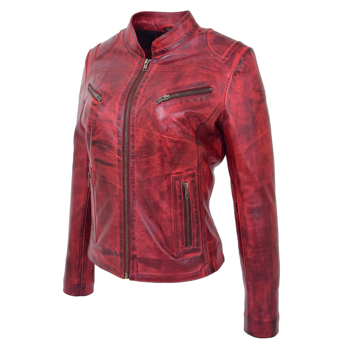 BUNERI Chaqueta de Cuero Estilo Café Racer para Mujer Rojo Quemado - Imagen 4