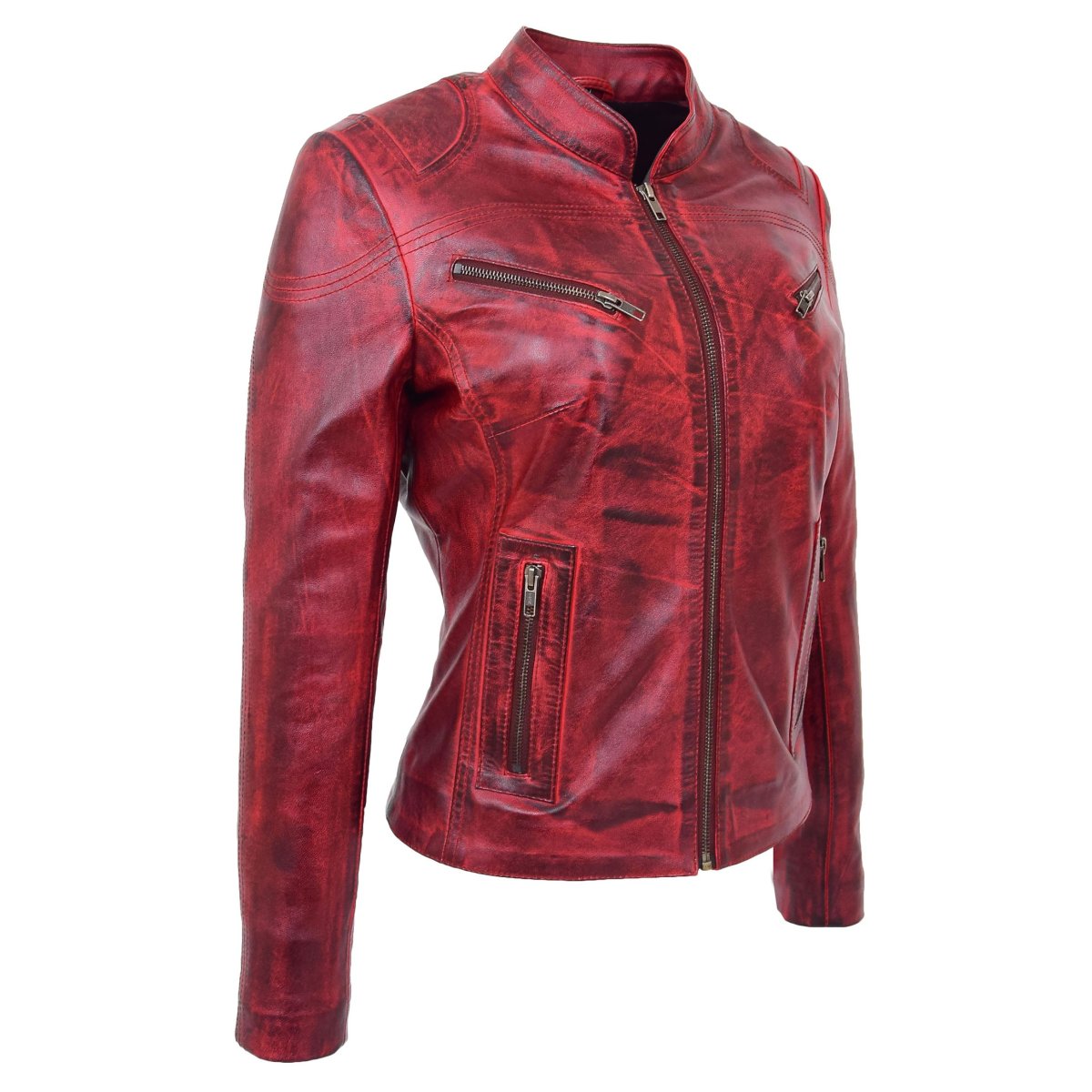 BUNERI Chaqueta de Cuero Estilo Café Racer para Mujer Rojo Quemado - Imagen 5