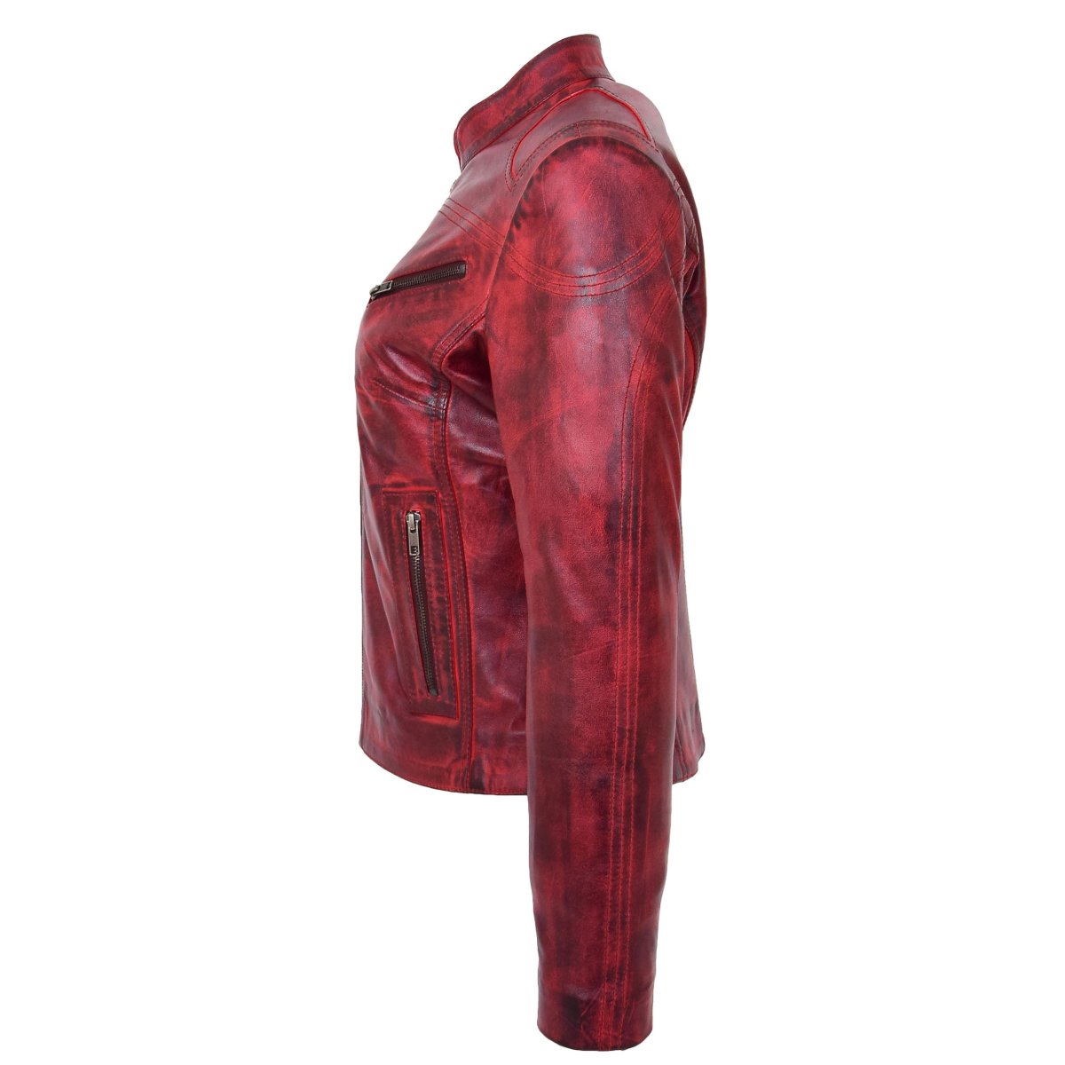 BUNERI Chaqueta de Cuero Estilo Café Racer para Mujer Rojo Quemado - Imagen 6
