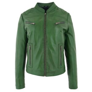 BUNERI Chaqueta Biker de Cuero Verde para Mujer Cuello Alto