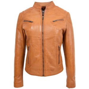 BUNERI Chaqueta de Cuero de Cuello Alto para Mujer en Tostado